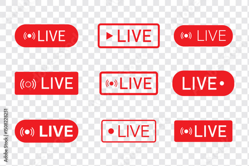 Live streaming set red icons. Play button icon vector