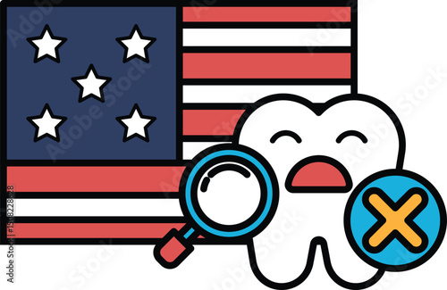 A tooth is shown with a magnifying glass and an American flag in the background