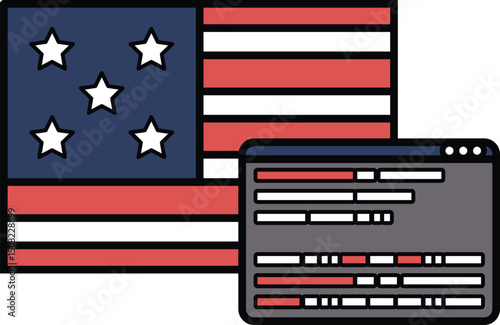 A flag with stars and stripes is shown next to a computer screen