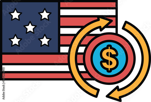 A dollar sign is shown on a red, white, and blue American flag