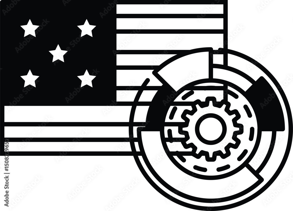 Obraz premium A black and white image of the American flag with a gear on it
