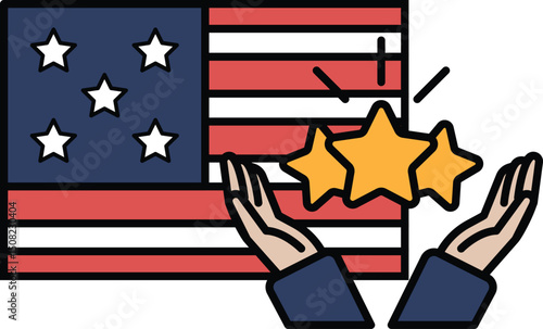 A cartoon of two hands holding up an American flag with three stars on it