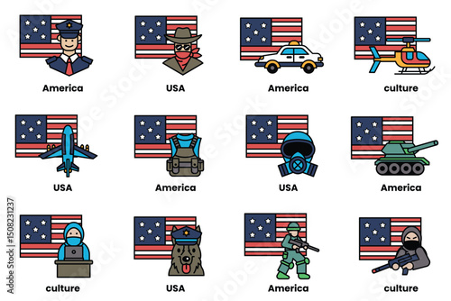 The image is a collection of American icons, including a man in a tie