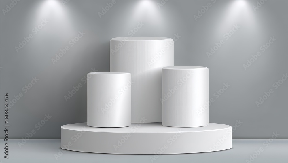 Three white cylinders on a platform, lit by spotlights Three white cylinders on a platform, lit by spotlights