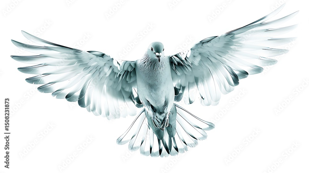 Fototapeta premium White dove flying with open wings isolated on white background, symbol of peace and freedom