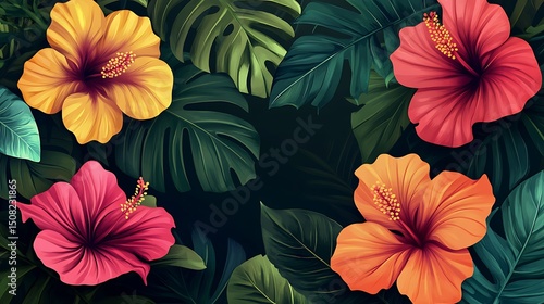 Wallpaper Mural Vibrant tropical hibiscus flowers and leaves. Torontodigital.ca