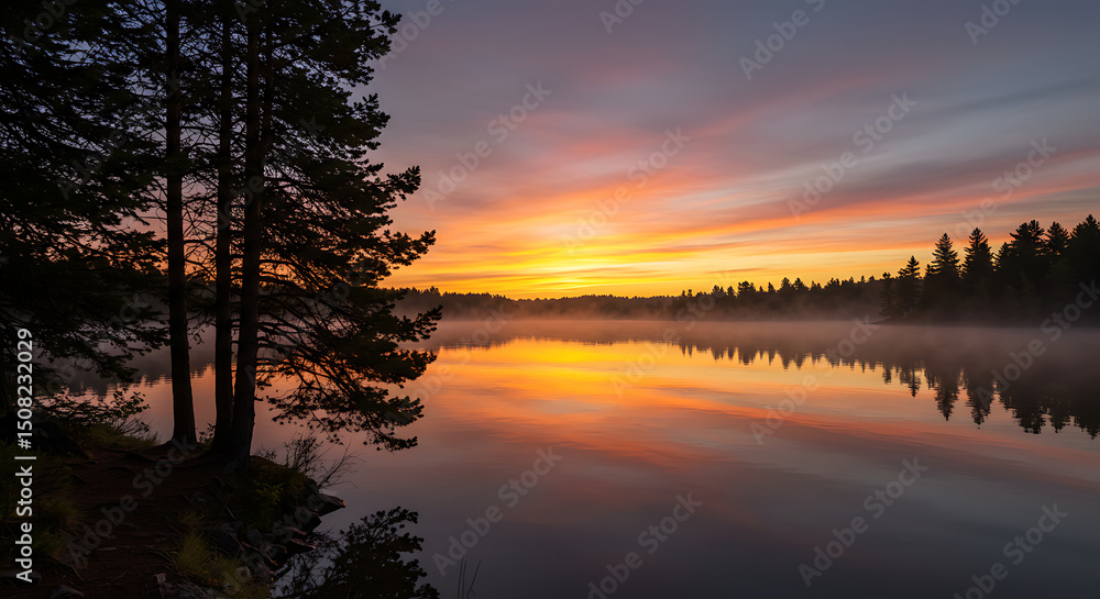 Fototapeta premium Serene Sunrise over Misty Lake with Silhouetted Pine Trees and Colorful Sky Reflection