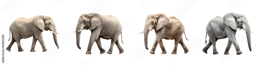 Fototapeta premium Captivating progression of elephants showcasing diverse tones and textures, ideal for educational publications or wildlife documentaries, featuring realistic depiction and artistic flair