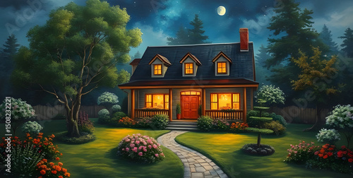 moonlit cottage painting, night artwork, night impressionist painting, romantic night house, traditional oil painting night, village night painting, fantasy house at night, mysterious night house, moo