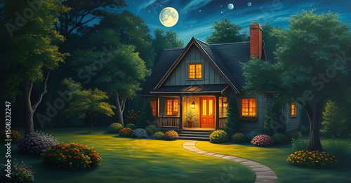 glowing windows house, rural night painting, countryside house at night, starry sky house painting, moonlit cottage painting, night artwork, night impressionist painting, romantic night house, traditi