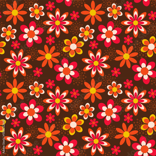 Seamless vector pattern in retro style with bright flowers on a brown background