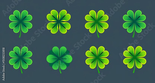 green clover set, Irish clover icons, St. Patrick’s Day clover, clover silhouette, clover outline, clover flat design, clover graphic set, clover doodles, clover cartoon set, clover pattern icons, clo
