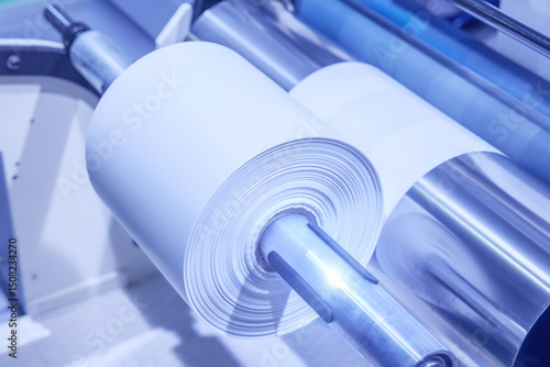 Roll of polyethylene film for bags and packaging. Extrusion line for the production of polyethylene film for products packaging. Winding a polyethylene roll for packaging