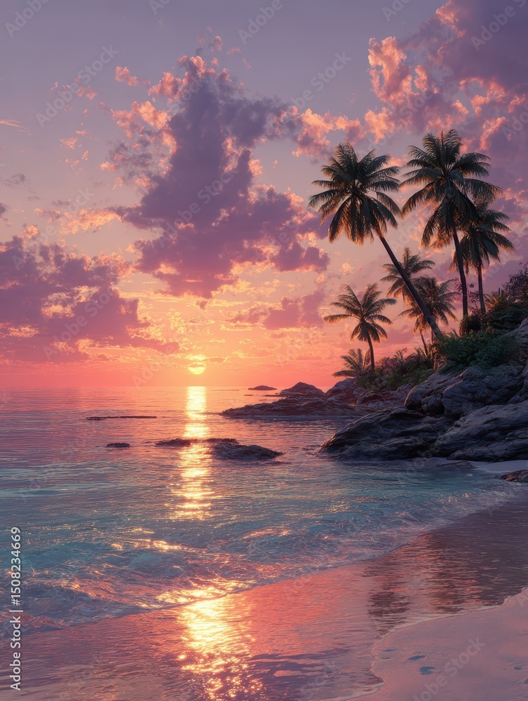 Obraz premium The sun sets beautifully over a tranquil tropical beach, casting vibrant colors across the sky and shimmering on the calm waters. Palm trees stand tall, framing the picturesque view
