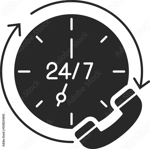 24 hours 7 days customer support solid icon with clock, phone service, and around-the-clock assistance, vector.