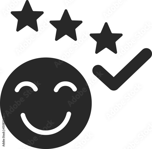 Customer satisfaction solid icon with rating stars, checkmark approval, and happy face, vector.