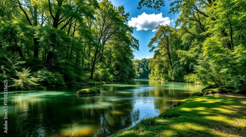 Serene River Flowing Through Lush Green Forest - AI Generated