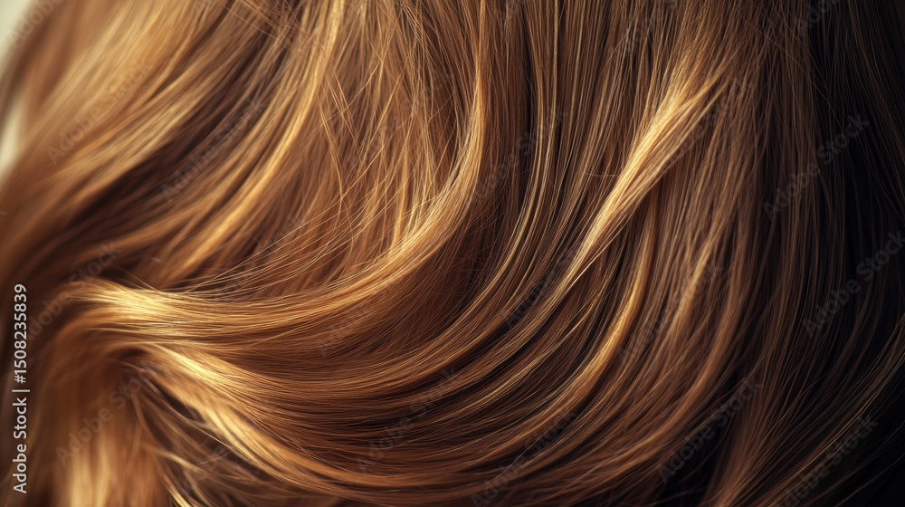 Naklejka premium Beautiful model girl with Brown hair strand,silky healthy chestnut wavy hair strand,hair wavy ribbon, with smooth,Keratin straightening,Treatment,straight long hair,procedures,Smooth hairstyle.