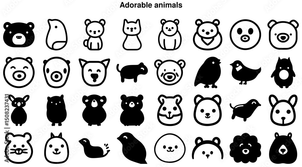 Naklejka premium Adorable Animal Faces Icon Set