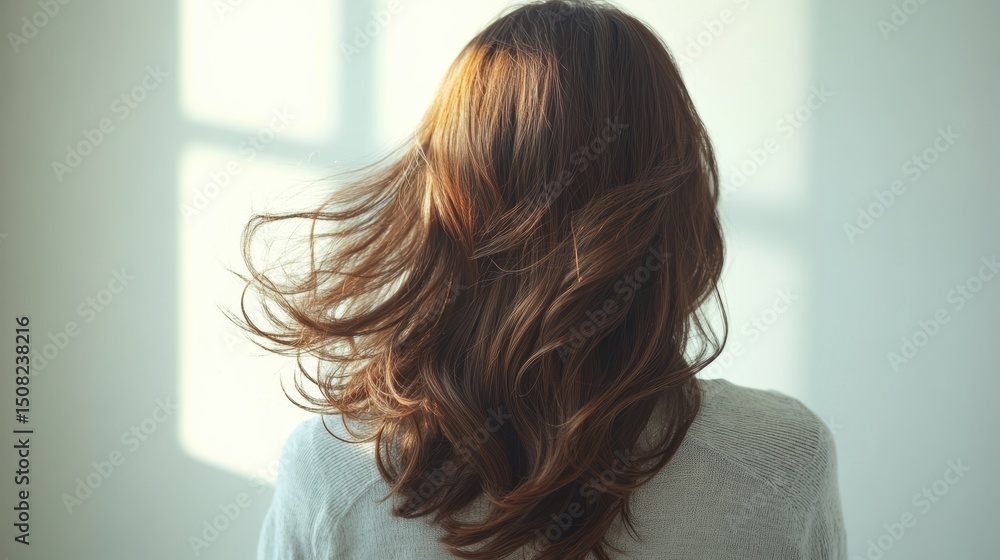 Naklejka premium Beautiful model girl with Brown hair strand,silky healthy chestnut wavy hair strand,hair wavy ribbon, with smooth,Keratin straightening,Treatment,straight long hair,procedures,Smooth hairstyle.