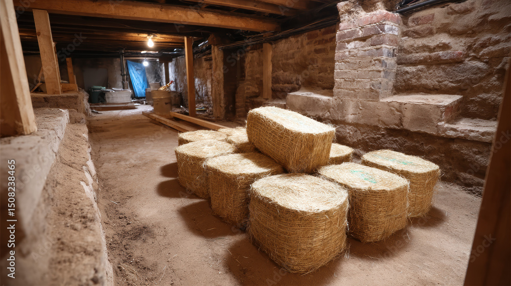 Basement with exposed brick walls and wooden beams, showing insulation material in form of hay bails stacked on floor, illuminated by single light bulb, creating rustic and unfinished look Basement with exposed brick walls and wooden beams, showing insulation material in form of hay bails stacked on floor, illuminated by single light bulb, creating rustic and unfinished look