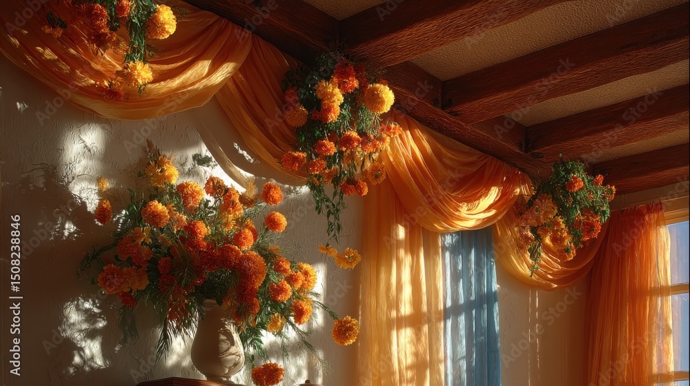 Fototapeta premium Warmly lit interior with vibrant orange and yellow marigold flowers in a white vase, casting intricate shadows on a textured white wall. Rustic wooden ceiling beams draped with golden-orange fabric an