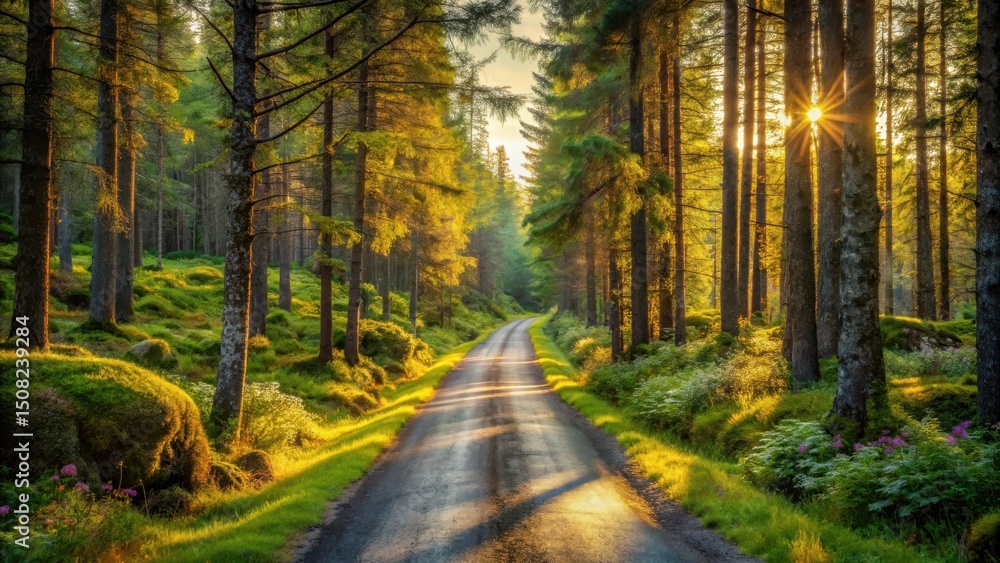 Fototapeta premium Golden Hour Pathway Through a Lush Evergreen Forest with Sunlight Streaming Through the Trees
