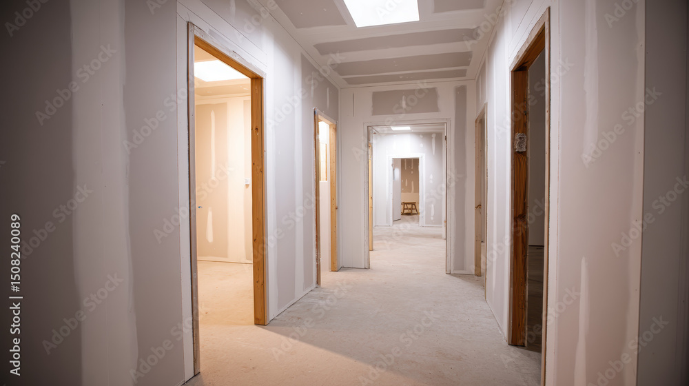 Empty hallway in house under construction with unfinished drywall and open doorways, bright natural light, and wooden stool at end, creating sense of anticipation and new beginnings Empty hallway in house under construction with unfinished drywall and open doorways, bright natural light, and wooden stool at end, creating sense of anticipation and new beginnings