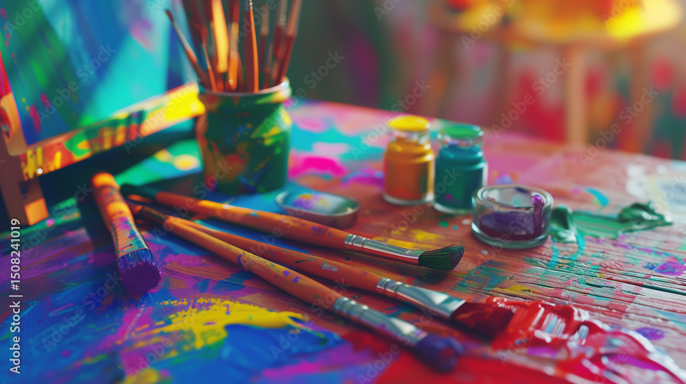 Fototapeta premium Colorful art supplies on a wooden table, vibrant paints and brushes, a creative and cheerful moment. ﻿