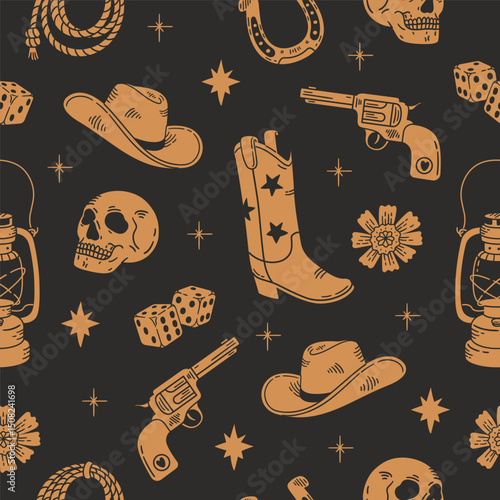 Seamless cowboy pattern on dark background. Vintage design with hand-drawn elements like hats, boots, horseshoes, and revolvers. Vector illustration for wrapping paper, fabric, textile and decor.