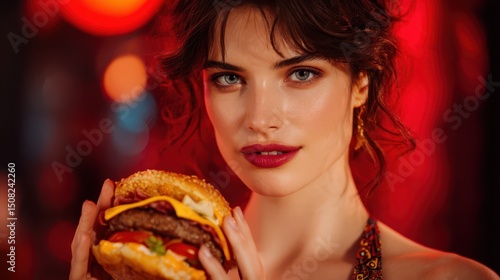 Wallpaper Mural A beautiful young European woman poses confidently, holding a delicious burger close to her face. The background features a warm, inviting glow, emphasizing her natural beauty Torontodigital.ca