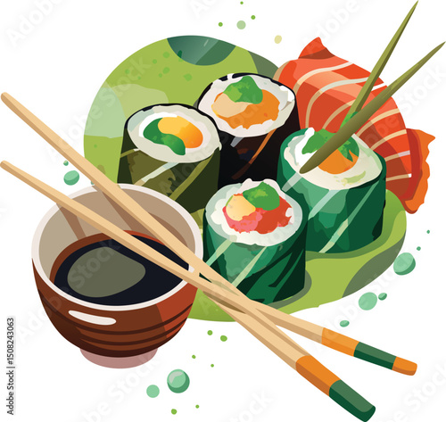Sushi Roll Illustration: Fresh Japanese Cuisine with Chopsticks, Soy Sauce, and Salmon Sashimi - Vector Art for Food Bloggers