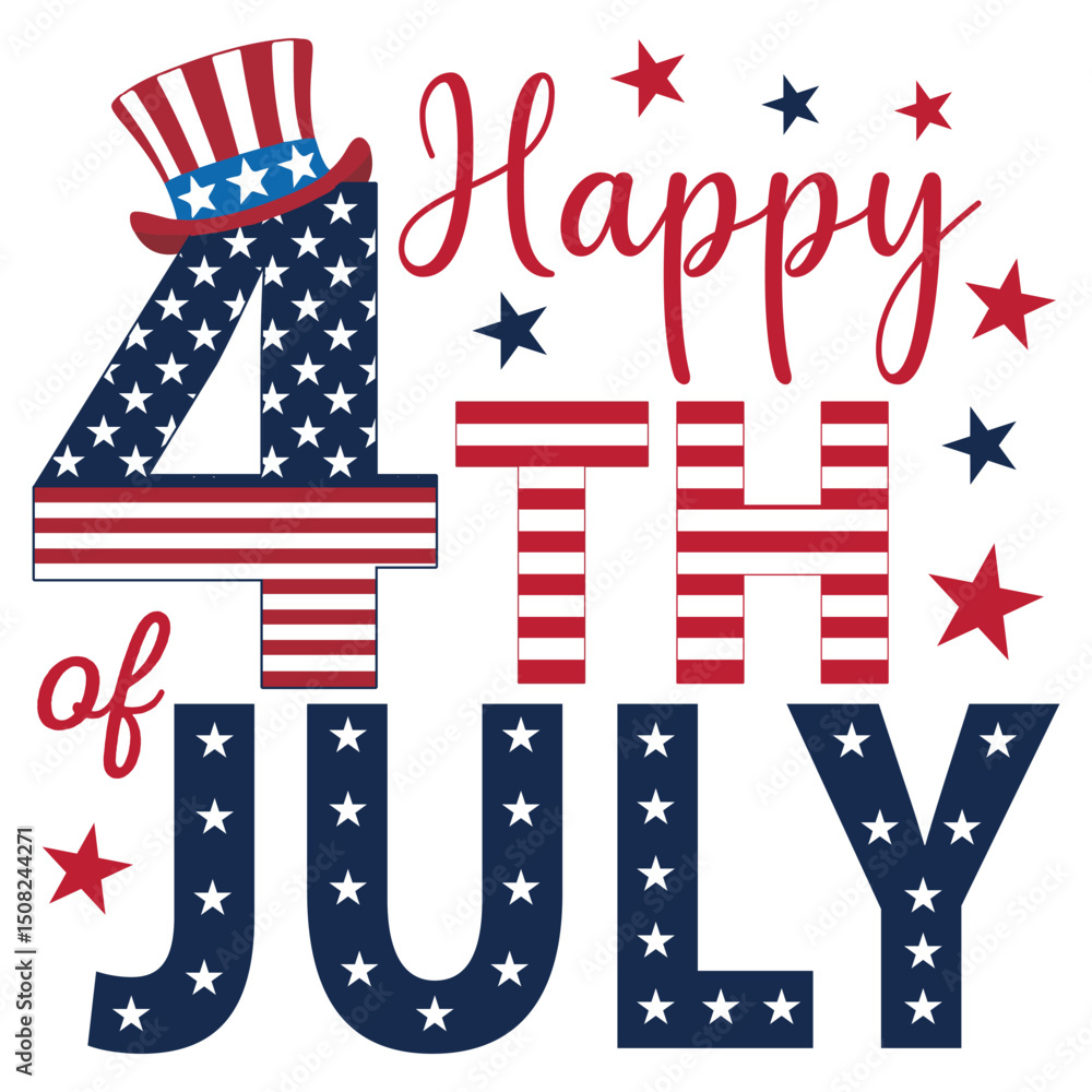 Fototapeta premium Happy 4th Of July - 4th Of July Usa Independence Day Clipart, American 4th July Design Sublimation, Patriotic Fourth Of July Illustration