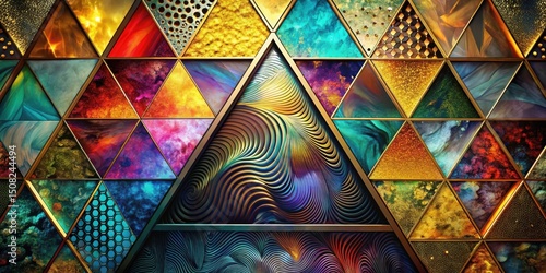 Abstract Geometric Mosaic of Vibrant Hues and Textured Surfaces Featuring a Central, Swirling, Metallic Triangle