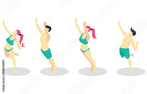 Isometric illustrations pose hitting volleyball on the beach, landing web, flat design, brochure, vector illustration