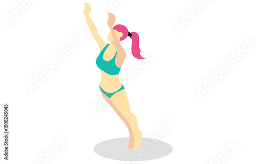 Isometric illustrations pose hitting volleyball on the beach, landing web, flat design, brochure, vector illustration