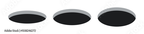 Golf field hole for ball. Rabbit or mouse round hole in ground. 3d perspective circle icons set. Vector illustration isolated on white background.