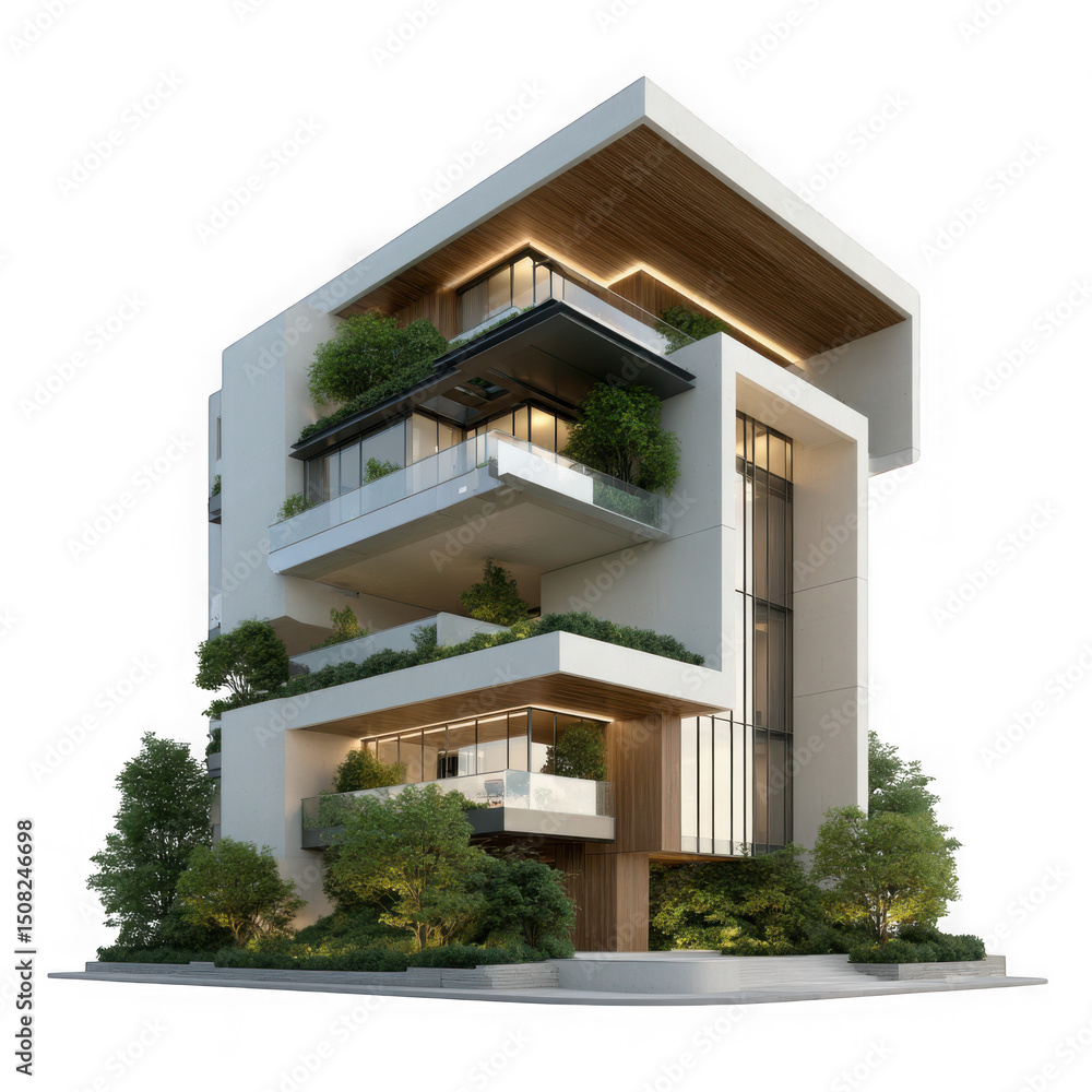 Fototapeta premium Modern multi story building with green rooftop terraces isolated on transparent background