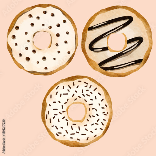 Watercolor Donut Clipart Set – Colorful Frosted Donuts with Sprinkles and Bites. Delicious and playful donut clipart set hand-painted in watercolor style. 