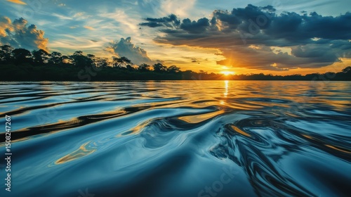 Sunset over water with trees in background and cloud filled sky.