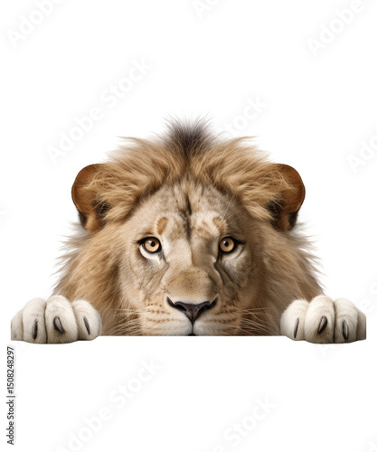 Powerful king of the jungle, this majestic male lion Peeking  with a flowing mane sits isolated on a stark white background, a captivating portrait of a wild feline predator