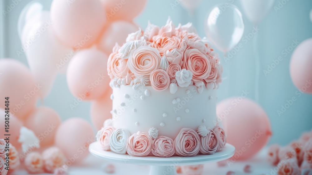 Fototapeta premium Happy birthday greeting and Birthday cake and inflatable balloons,invitation card template,congratulations,Festive cake concept.