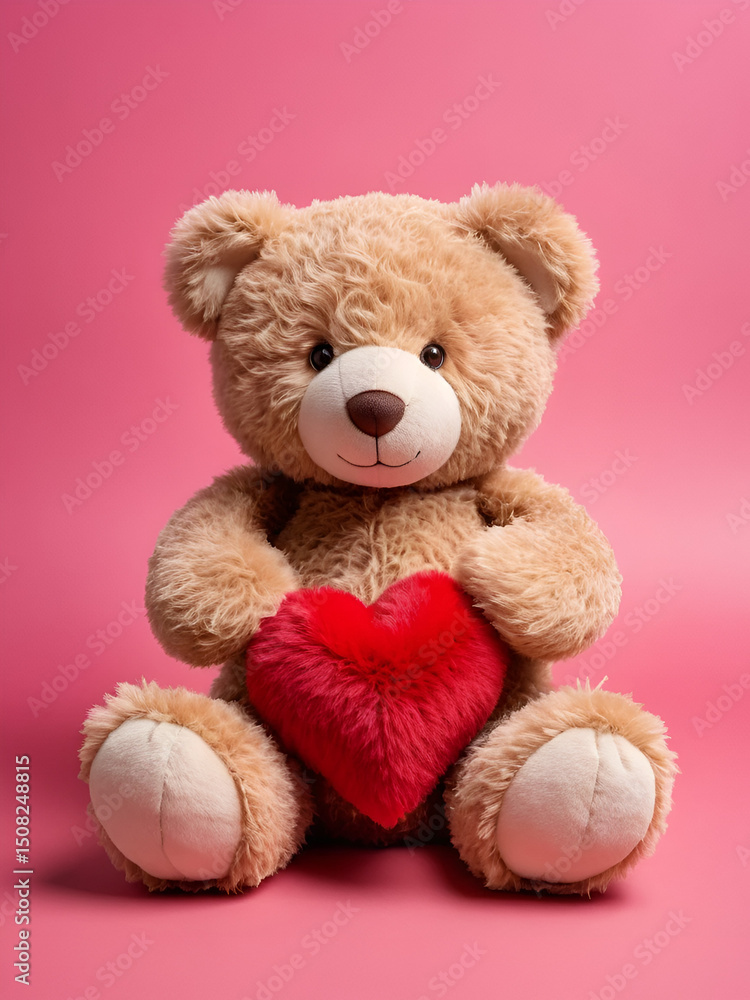 Fluffy Teddy Bear Hugging Red Love Heart on Pink Background Fluffy Teddy Bear Hugging Red Love Heart on Pink Background