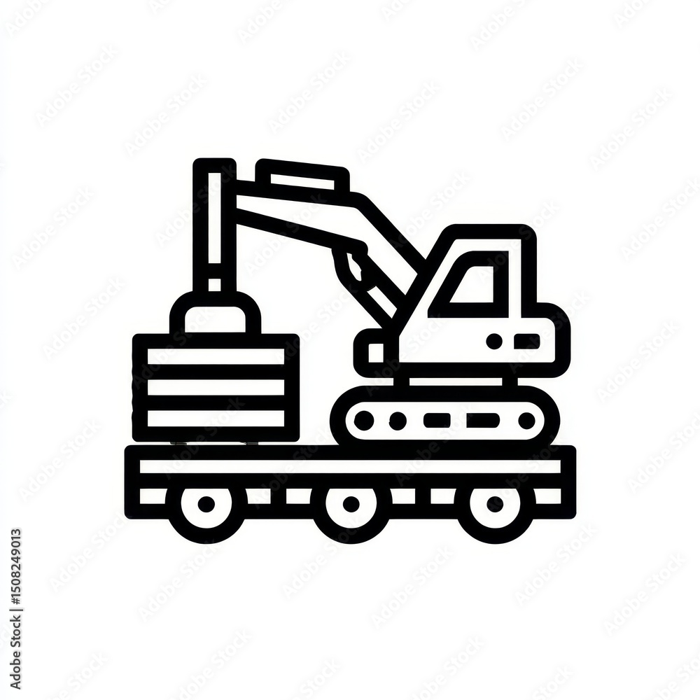 This flat vector graphic features a line logo of an excavator positioned on a flatbed truck, representing construction activities and heavy machinery transportation This flat vector graphic features a line logo of an excavator positioned on a flatbed truck, representing construction activities and heavy machinery transportation
