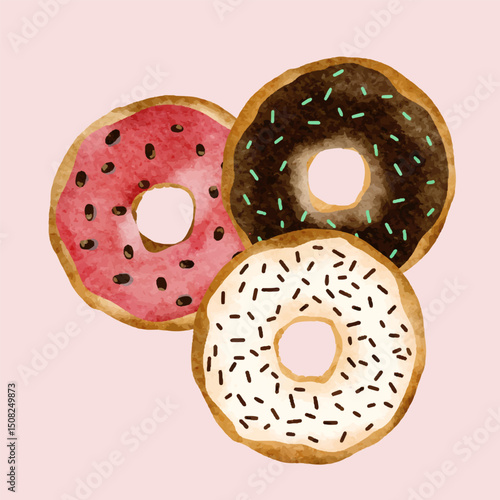 Watercolor Donut Clipart Set – Colorful Frosted Donuts with Sprinkles and Bites. Delicious and playful donut clipart set hand-painted in watercolor style. 