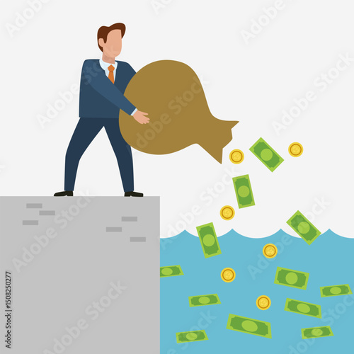 Businessman throwing money into the river. Cartoon Vector Illustration. 