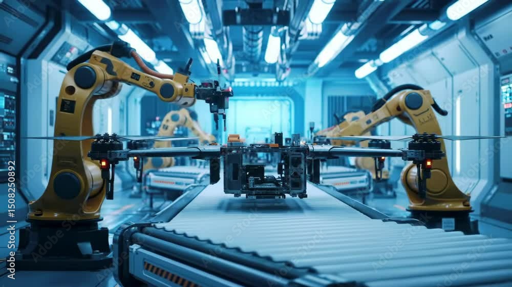 Advanced robotic arms assembling a drone in a futuristic manufacturing facility Advanced robotic arms assembling a drone in a futuristic manufacturing facility
