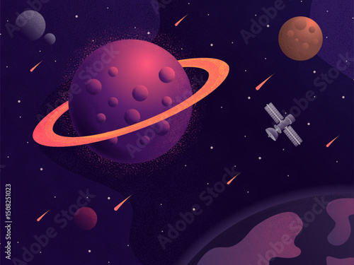 A space journey in a child-friendly style. Vector illustration featuring planets, a satellite, and comets. Perfect for creative and educational space-themed projects.