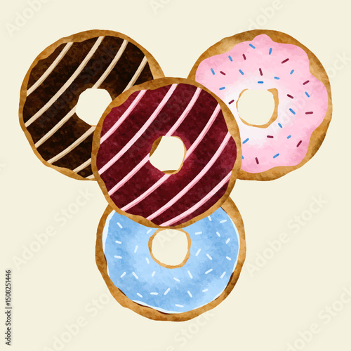 Watercolor Donut Clipart Set – Colorful Frosted Donuts with Sprinkles and Bites. Delicious and playful donut clipart set hand-painted in watercolor style. 