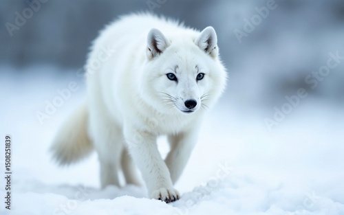 A polar fox walking through a snowy landscape, with pristine white fur and alert eyes..